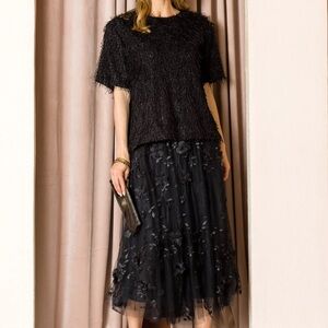 NWT JOH. BRAND 3D tulle mesh layered Black Floral Embroidered Midi Skirt L *READ
